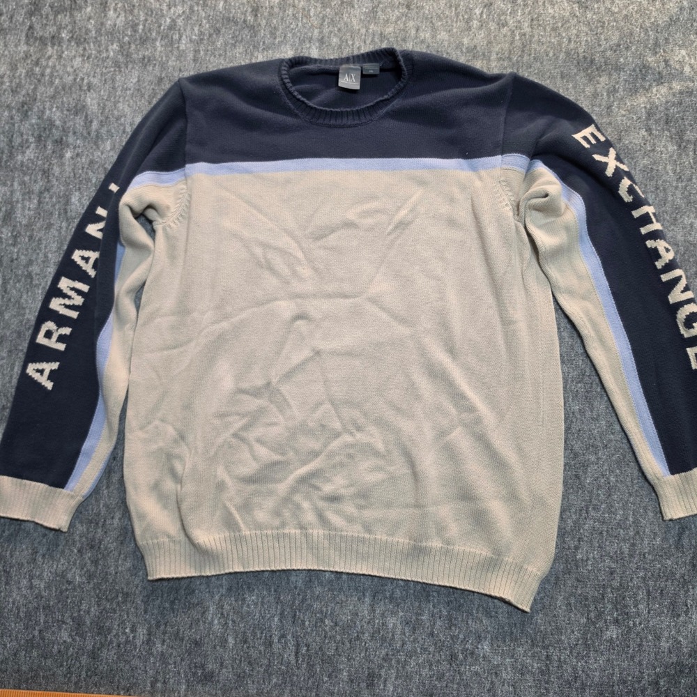 Armani Exchange Mens XXL Colorblock Logo Sleeve Knit Sweater Navy Beige